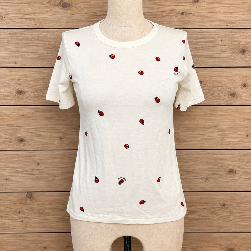 NEW Rag & Bone Ladybug Print Short Sleeve Tee Cream XXS Cotton Lyocell Soft